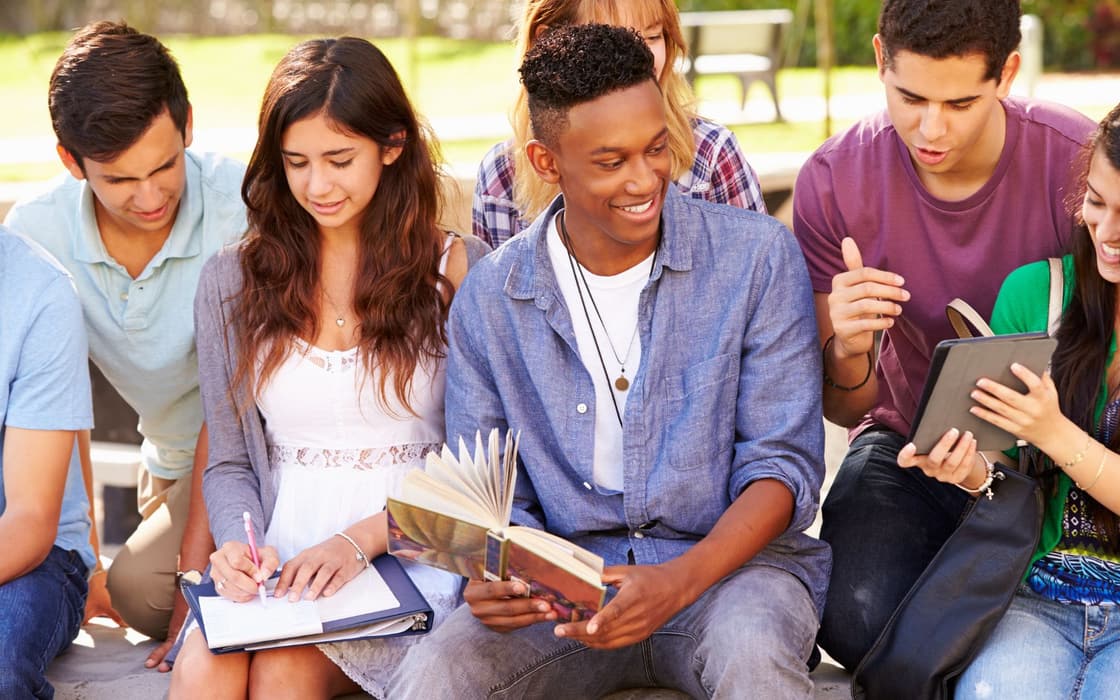 Students studying together outdoors in Jamestown, NY