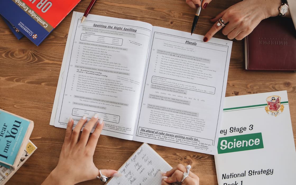 English workbook exercises on spelling and plurals during a tutoring session